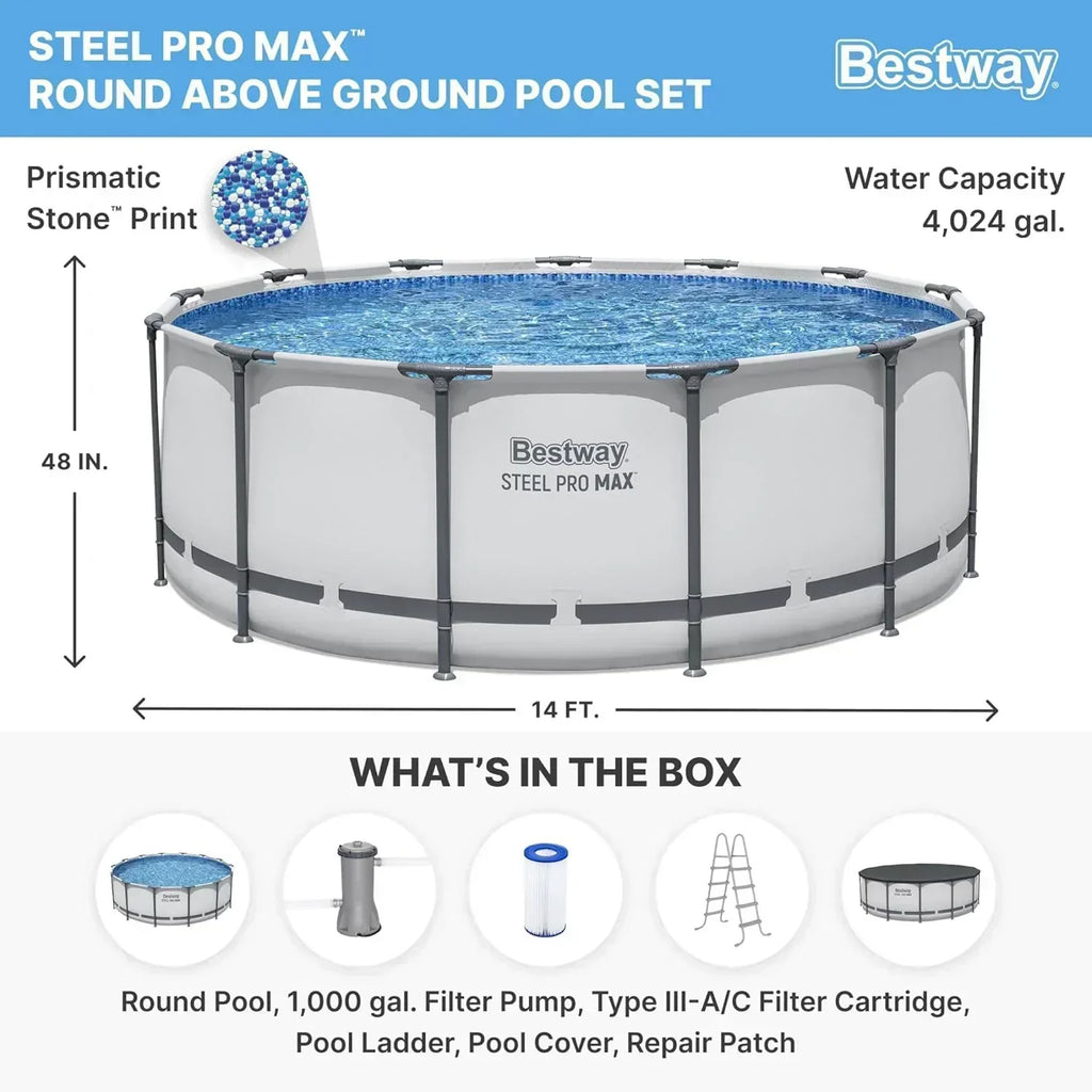 Steel Pro MAX 14 Foot x 48 Inch Round Metal Frame Above Ground Outdoor Swimming Pool Set wourant