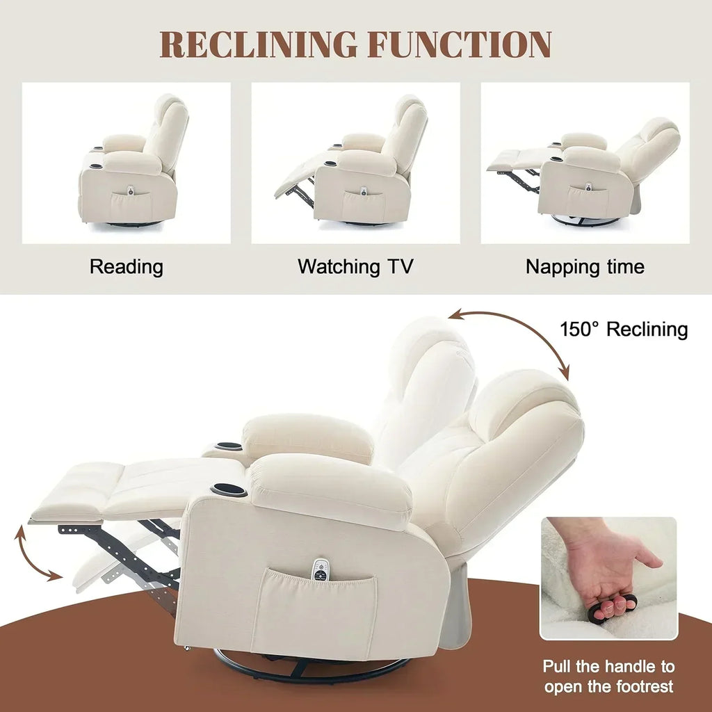 Large Swivel Rocking Recliner with Massage Function 360 Degree Swivel Rocking Single Sofa wourant