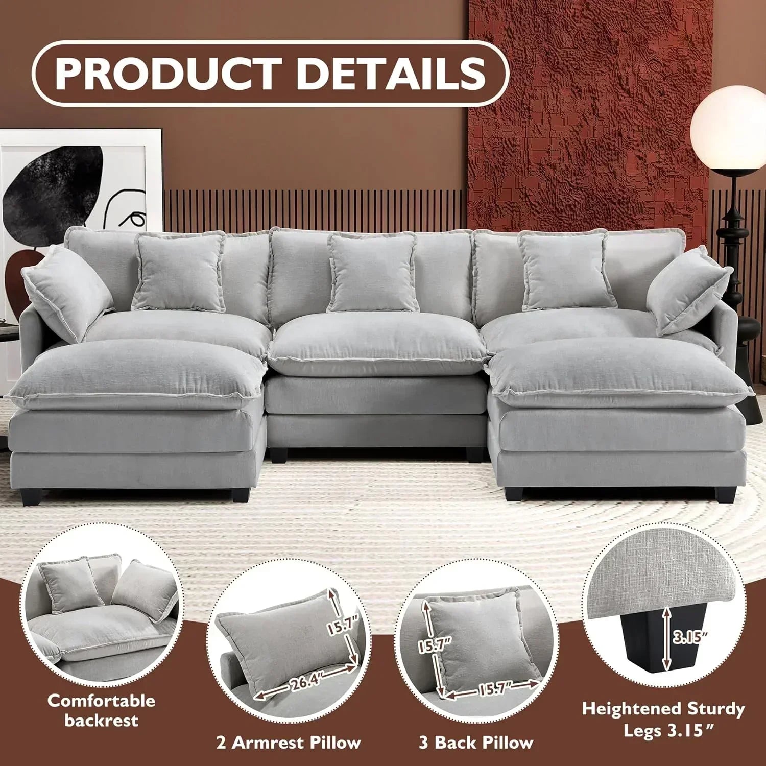 ihanherry 146-inch U-shaped modern sofa modular area cloud sofa wourant