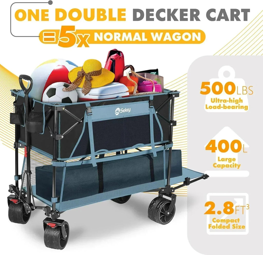 400L Large Capacity Folding Double Decker Wagon with Brakes 50" Extra Long Extender Cart wourant