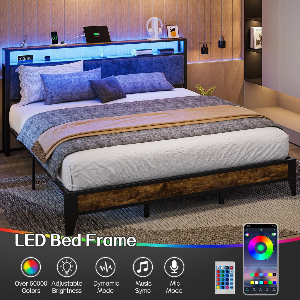 OLEVS Single Bed Frame LED Light Storage Headboard Type C Charging Station Metal Platform Bed wourant