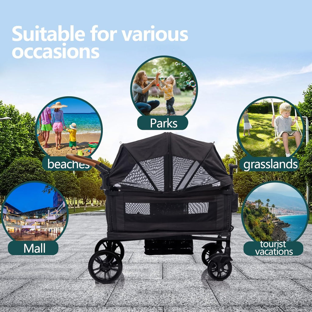 Wagon Stroller for 2 Kids Cargo-Travel Stroller Push-Pull Double Wagon Lightweight Folding Stroller wourant
