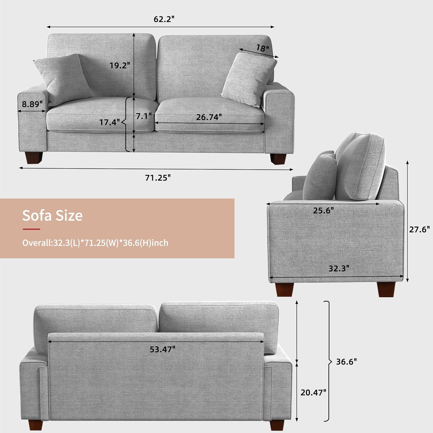 DOPEDIO living room double sofa chenille lounge chair removable solid wood frame wourant