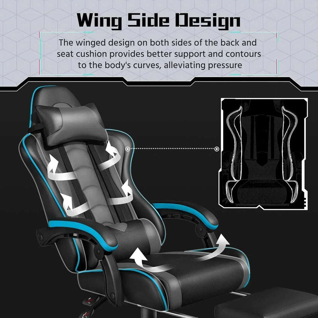 Gaming Chair with Massage Lumbar Support and Footrest Height Office Gaming Chair wourant