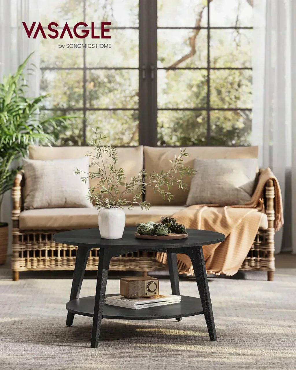VASAGLE Round Coffee Table 2 Tier Coffee Table with Storage for Living Room 31.5 x 17.7 Inches wourant