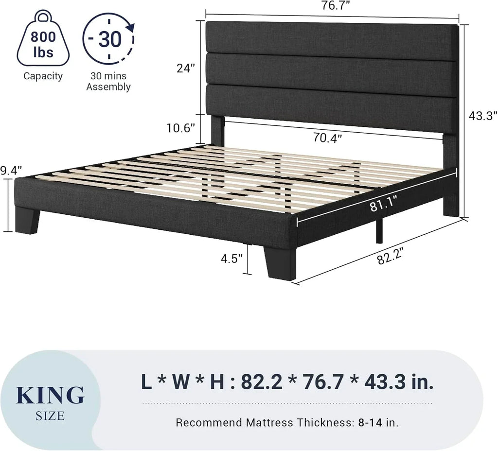 Allewie Queen Size Platform Bed Frame with Fabric Upholstered Headboard Wooden Slats Support wourant
