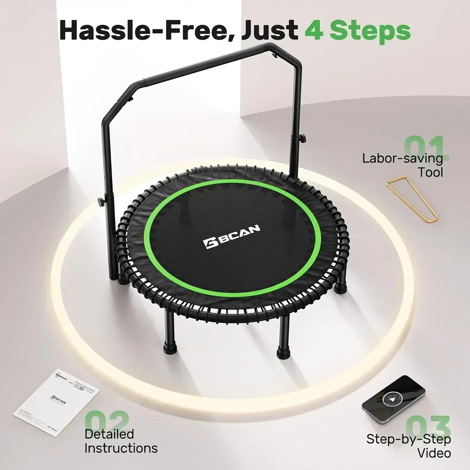 BCAN 450/550 LBS Foldable Mini Trampoline Fitness Trampoline Bungees Adjustable Foam Handle wourant