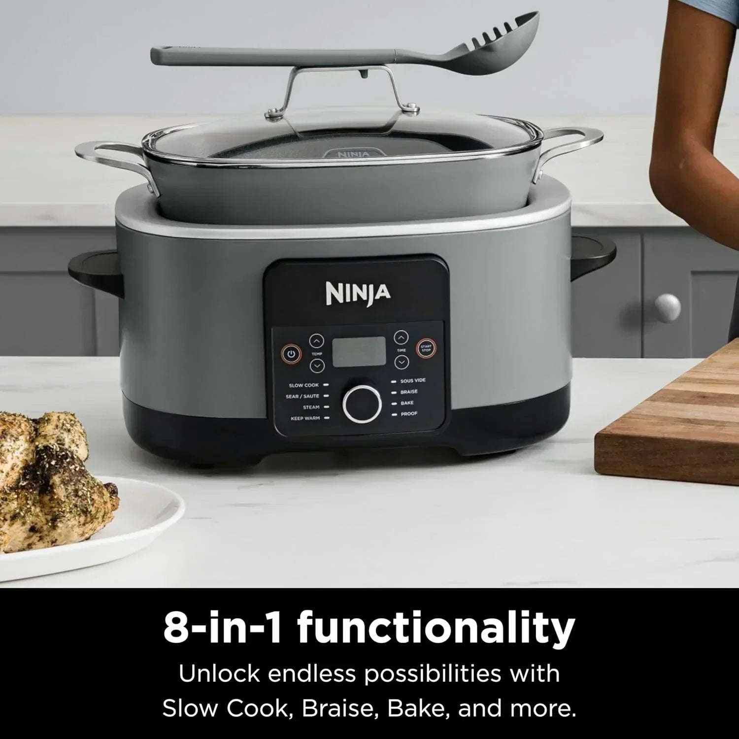 Ninja Slow Cooker 8.5 Quart Multi Cooker with Dutch oven steamer glass lid with integrated spoon wourant