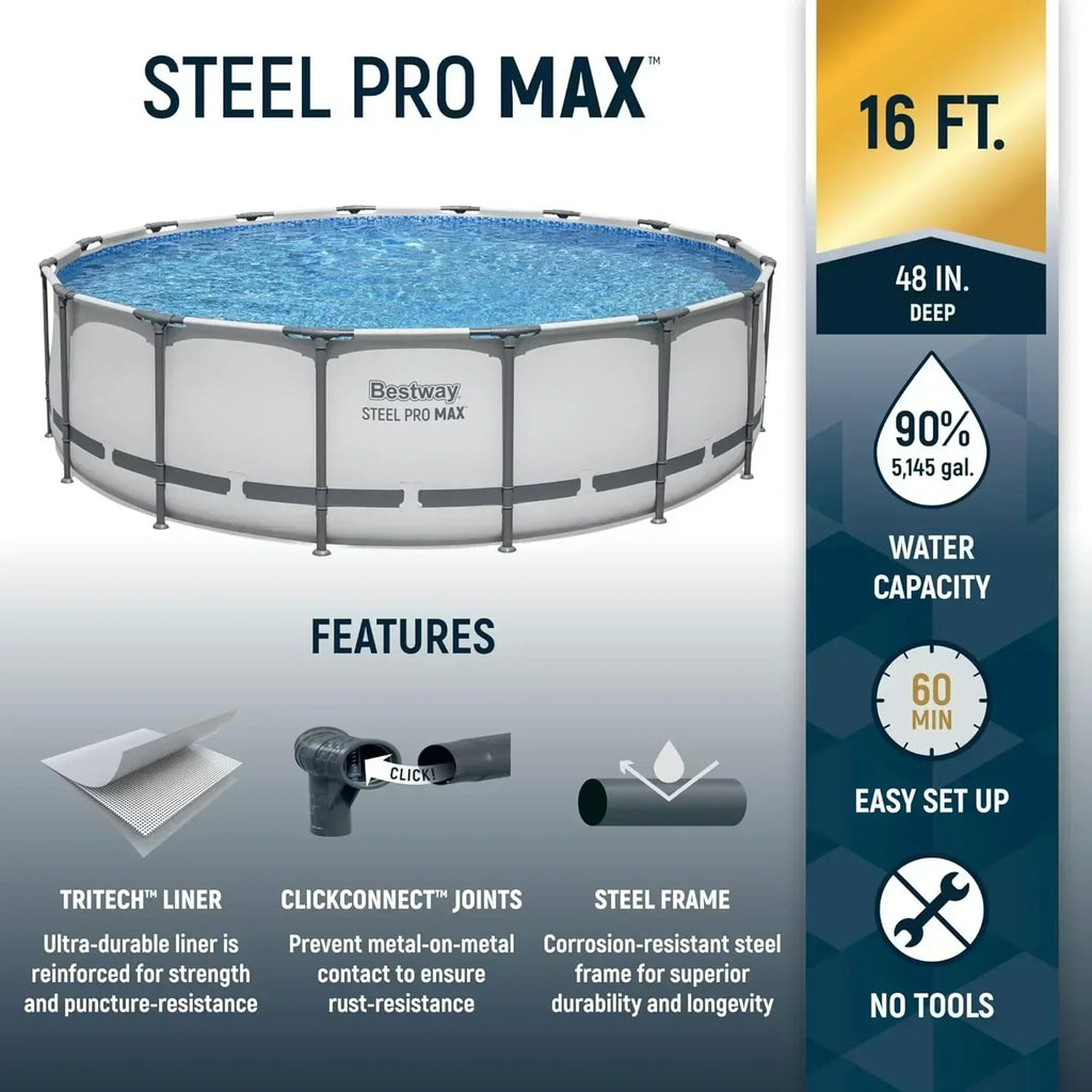 Steel Pro MAX 14 Foot x 48 Inch Round Metal Frame Above Ground Outdoor Swimming Pool Set wourant