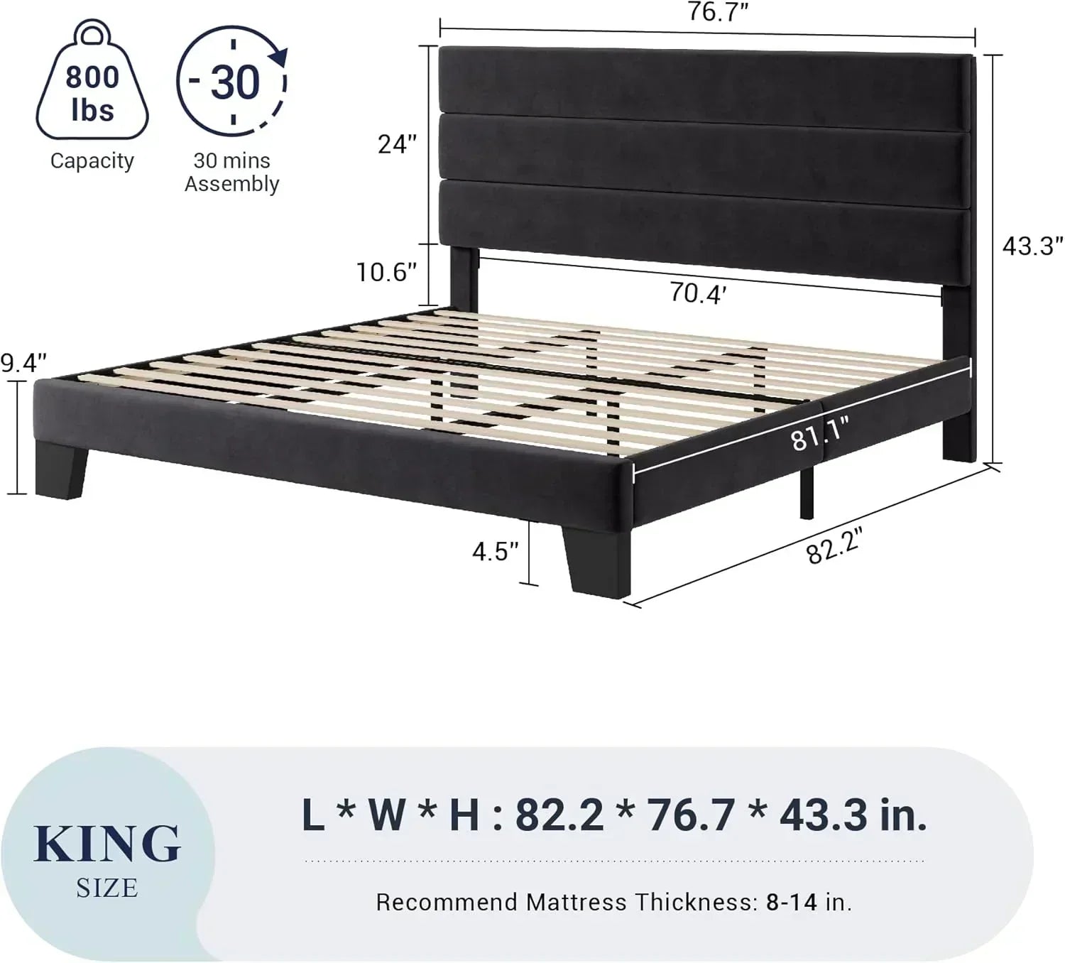 Allewie Queen Size Platform Bed Frame with Fabric Upholstered Headboard Wooden Slats Support wourant