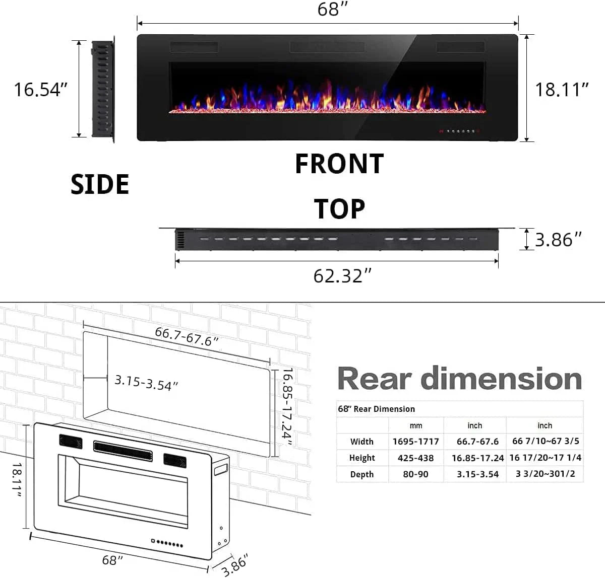 R.W.FLAME 60" Recessed and Wall Mounted Electric Fireplace Low Noise Fit for 2 x 6 Stud wourant