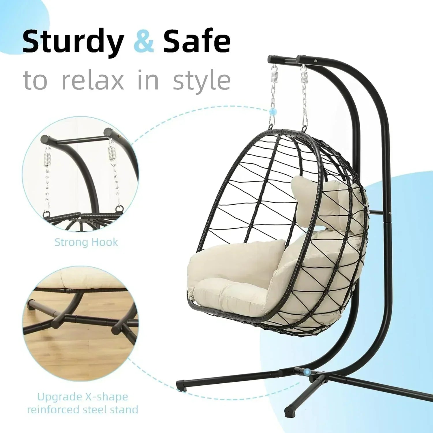 Double Egg Chair wth Stand Hammock Swing Chair Foldable Hanging Loveseat UV Resistant wourant