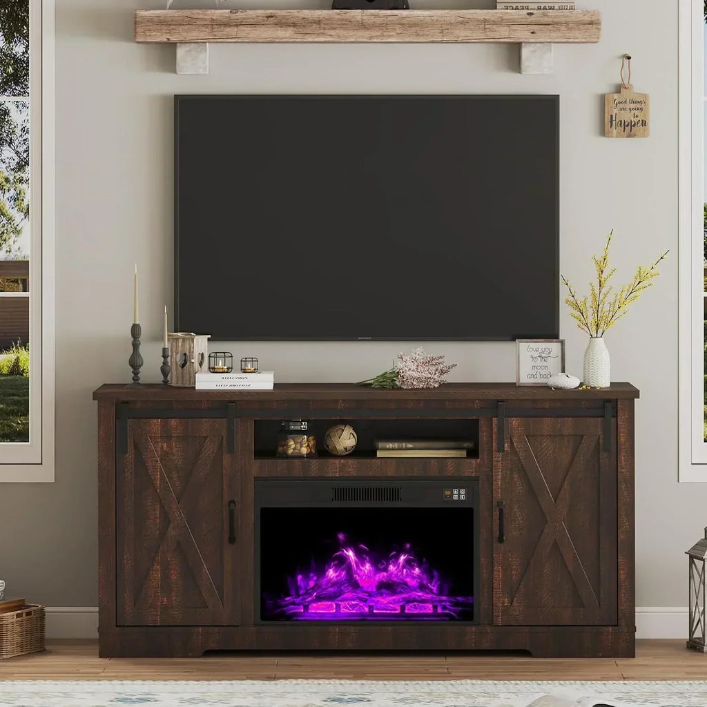 AMERLIFE Fireplace TV Stand with Sliding Barn Door  Farmhouse 63" Fireplace Entertainment Center wourant