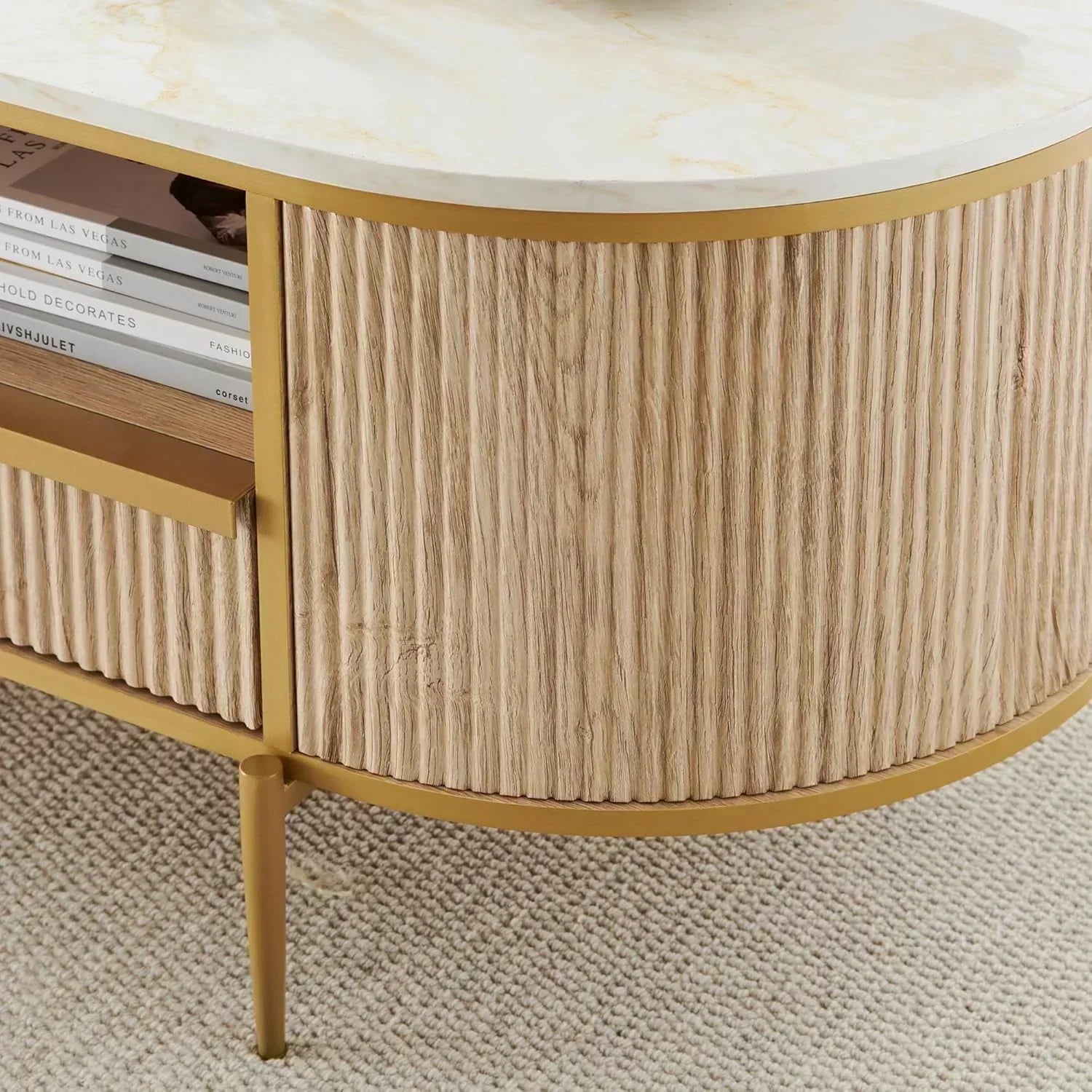 OKD Modern Luxury Grooved Coffee Table 48 Inch Oval Coffee Table Drawers Imitation Marble Top wourant