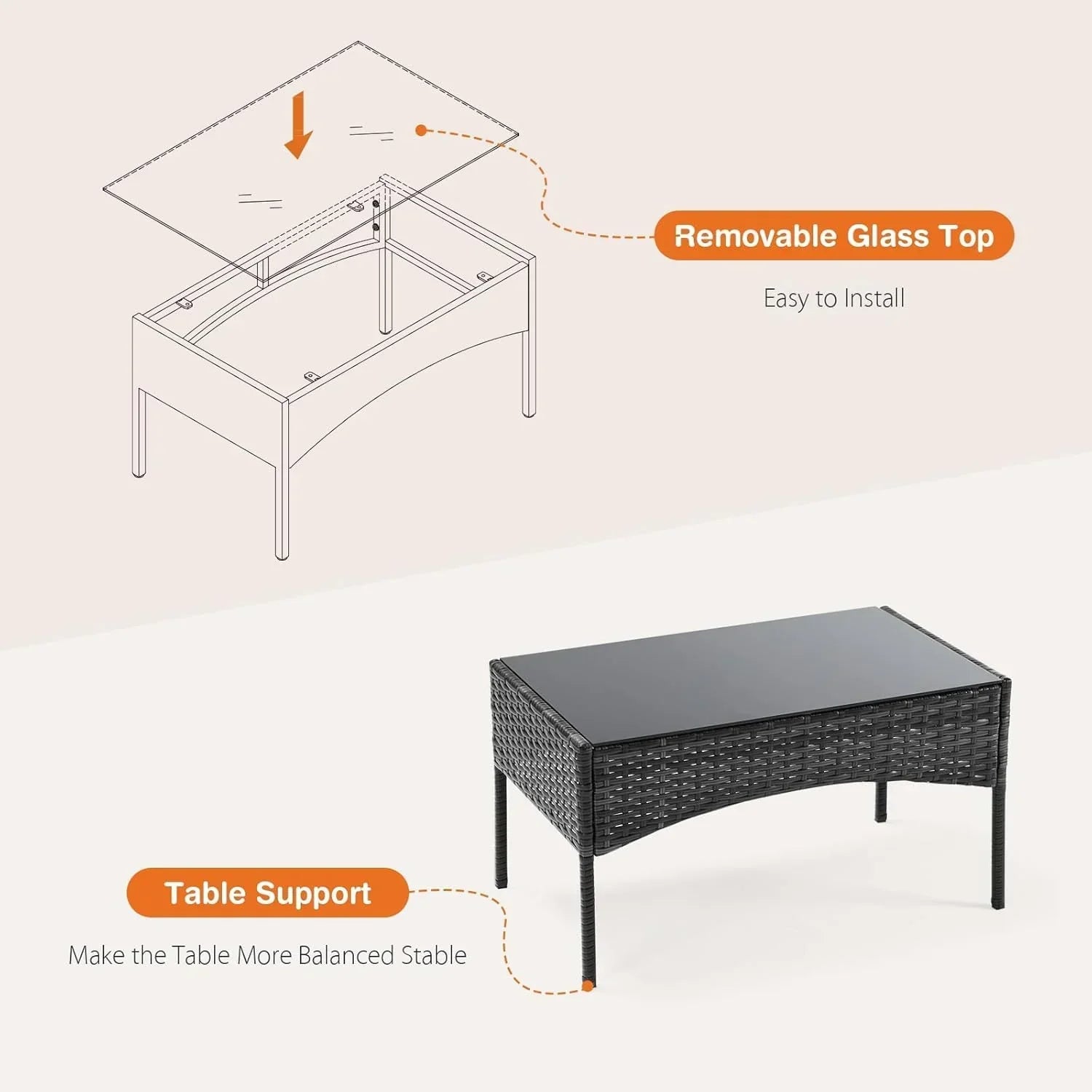Sweetcripy Patio Furniture Set 3 Pieces Outdoor Furniture with Soft Cushion and Glass Table wourant