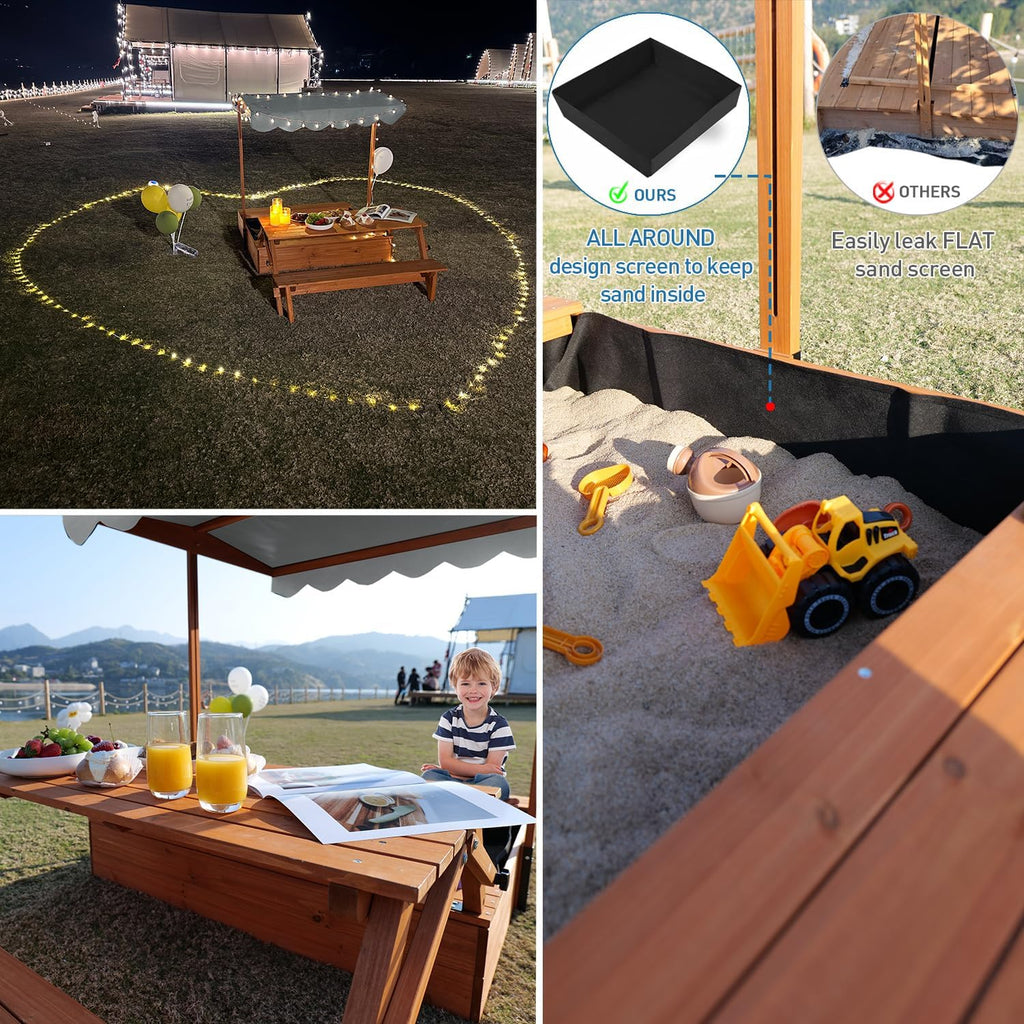Wooden Kids Sandbox with Lid Outdoor Sand Box with Picnic Table Foldable Sandpit with Cover wourant