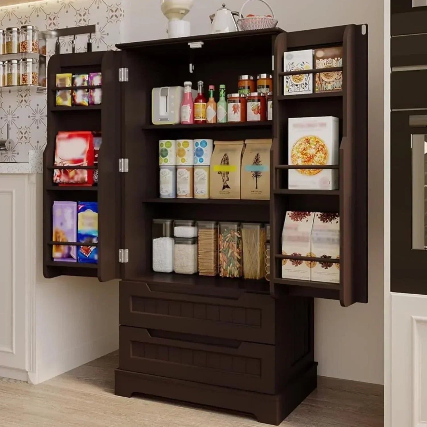 Gizoon Kitchen Pantry Cabinet with Drawers Freestanding Bathroom Storage Cabinet with Doors wourant