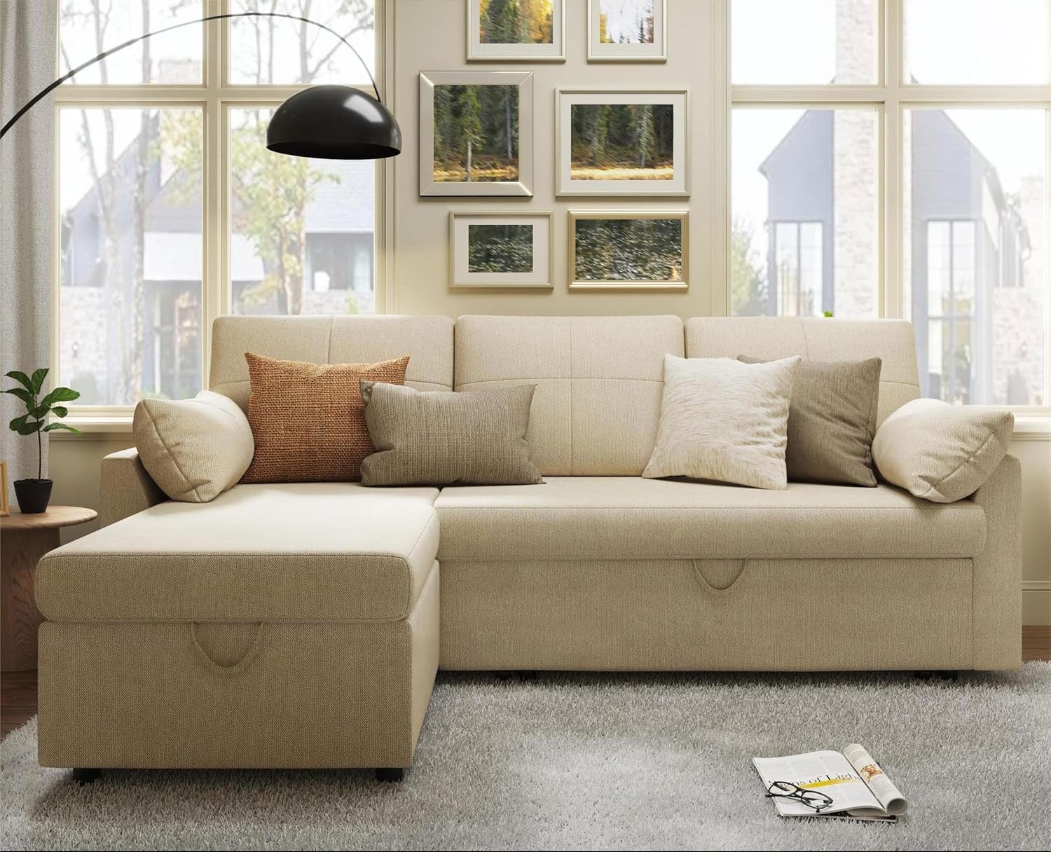 VanAcc Sofa Bed Sleeper Sofa with Storage Chaise 2 in 1 Pull Out Couch Living Room wourant