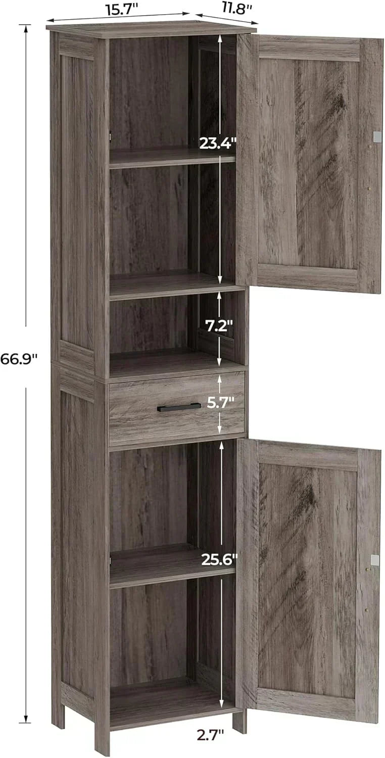 Homhedy 67" H Tall Bathroom Storage Cabinet with 2 Barn Doors and 1 Drawer Narrow Storage Unit wourant
