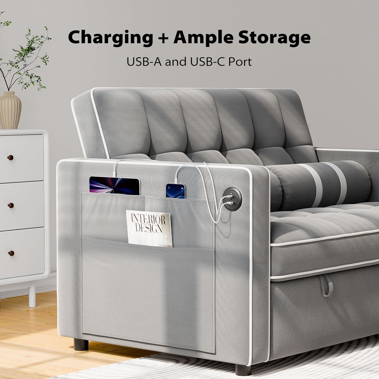 Pipishell 3 in 1 Convertible Sleeper Sofa Bed Pull Out Couch for Living Room USB Ports Side Pockets wourant