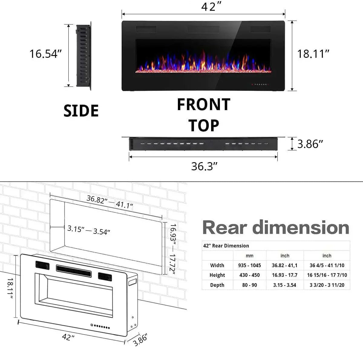 R.W.FLAME 60" Recessed and Wall Mounted Electric Fireplace Low Noise Fit for 2 x 6 Stud wourant