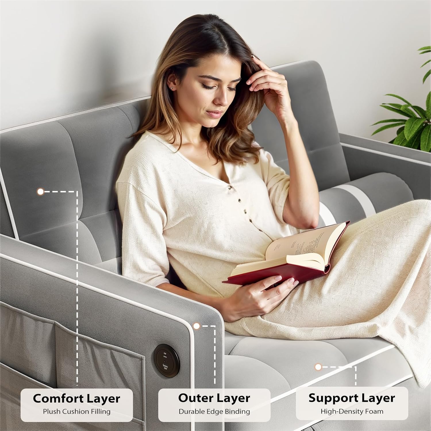 Pipishell 3 in 1 Convertible Sleeper Sofa Bed Pull Out Couch for Living Room USB Ports Side Pockets wourant