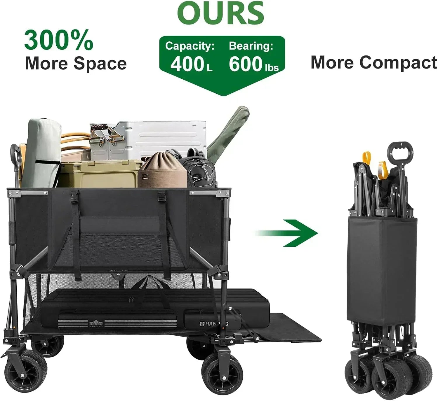Double Decker Wagon 600lb Capacity 400L Collapsible Wagon 54" Extended Utility Folding Cart wourant