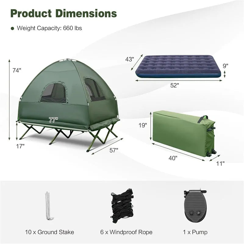 5-in-1 Tent Cot 2-Person Portable Outdoor Camping Tent Combo with Air Mattress Sleeping Bag & Sunshade wourant