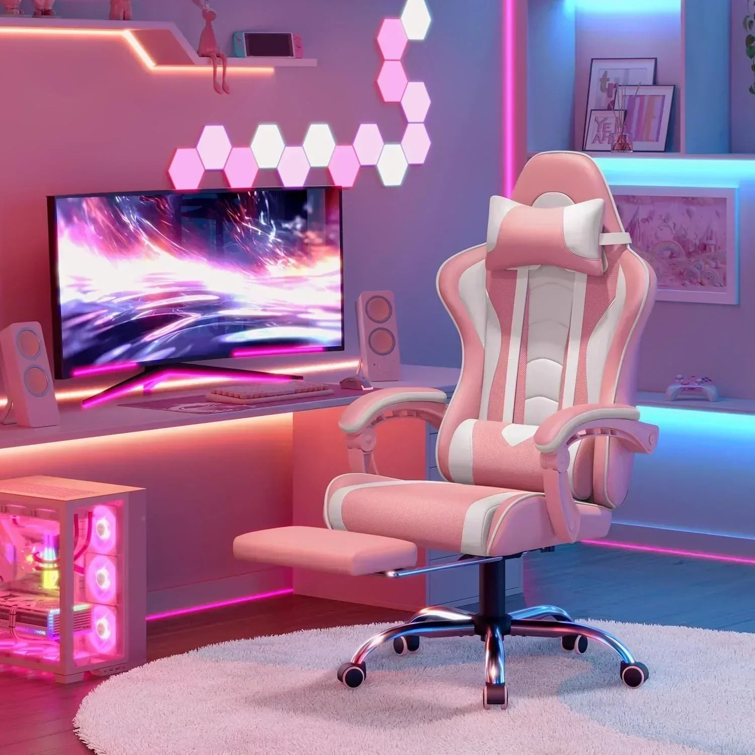 Gaming Chair with Massage Lumbar Support and Footrest Height Office Gaming Chair wourant