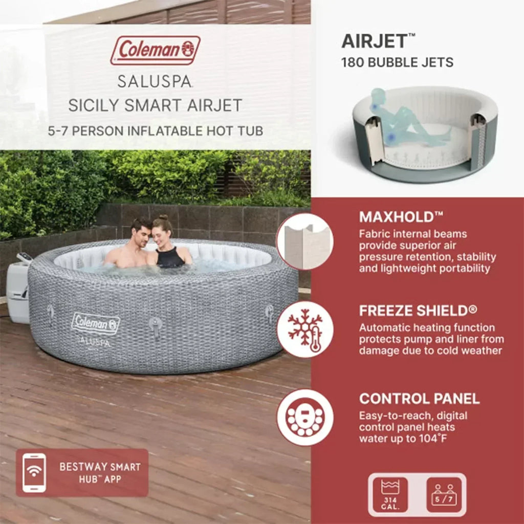 SaluSpa Sicily AirJet 7 Person Inflatable Hot Tub Round Portable Outdoor Spa 180 Soothing AirJets wourant