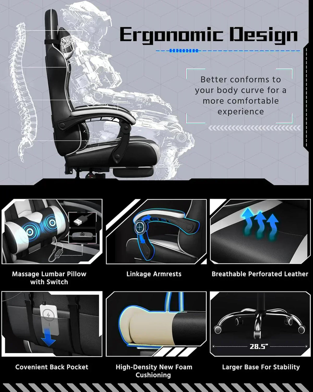Gaming Chair with Massage Lumbar Support and Footrest Height Office Gaming Chair wourant