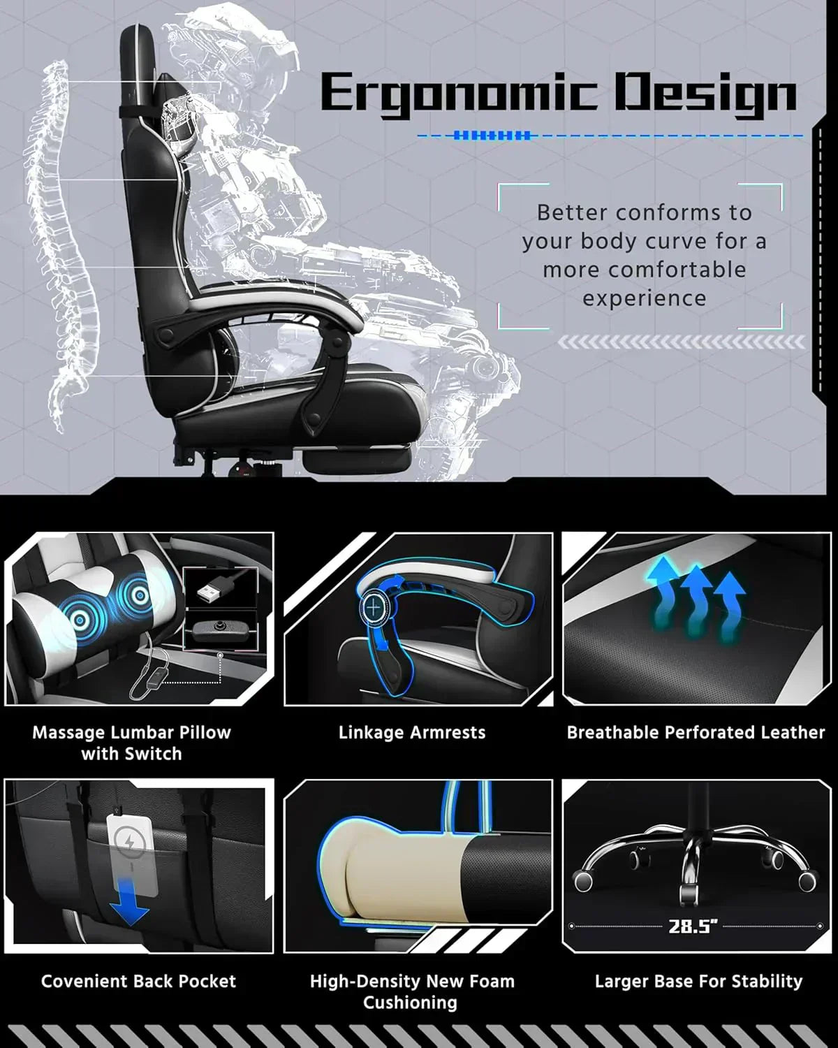 Gaming Chair with Massage Lumbar Support and Footrest Height Office Gaming Chair wourant