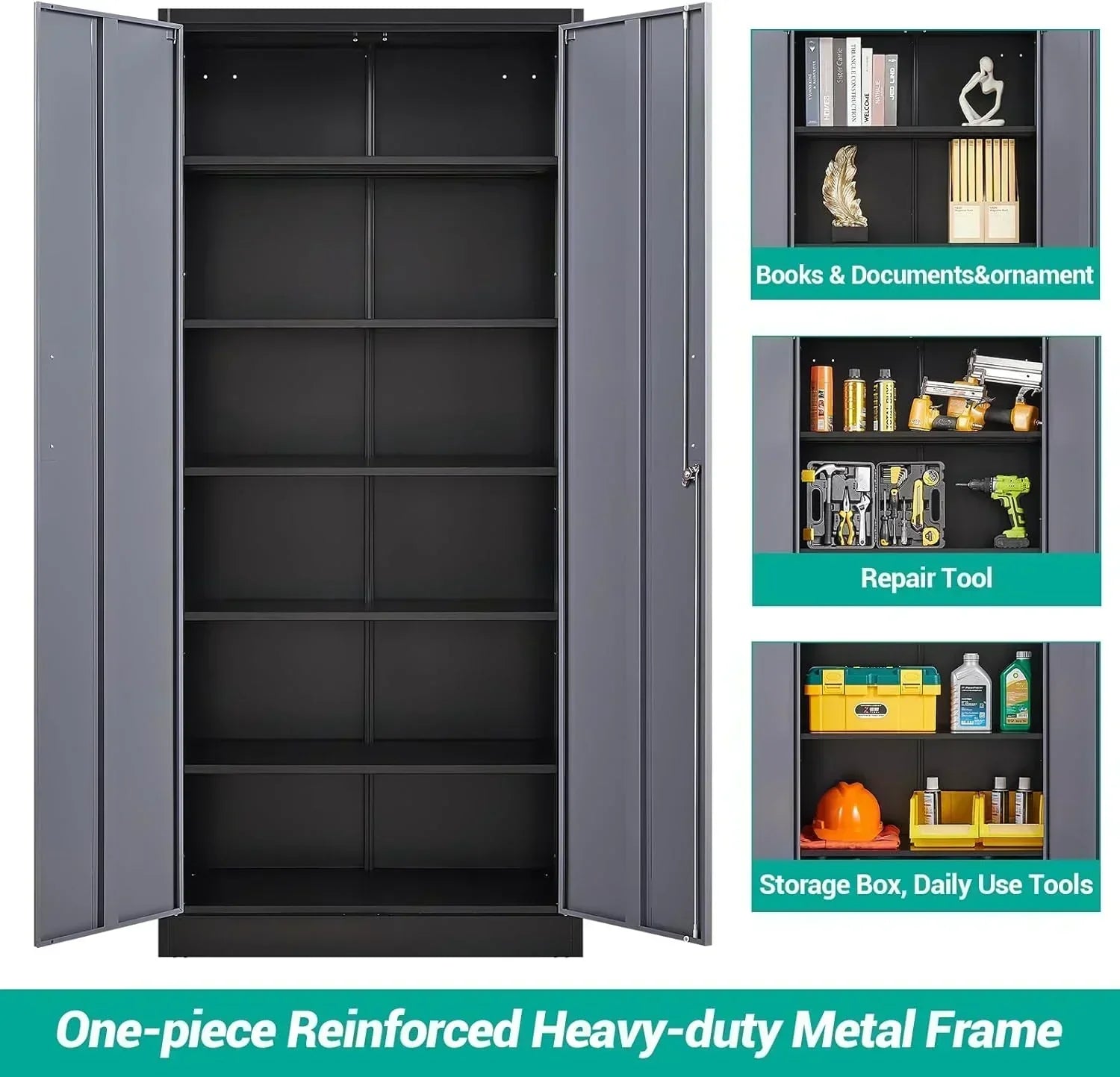 Metal Storage Cabinet with 2 Doors and 6 Shelves Black Metal Cabinet Garage Storage Cabinet wourant