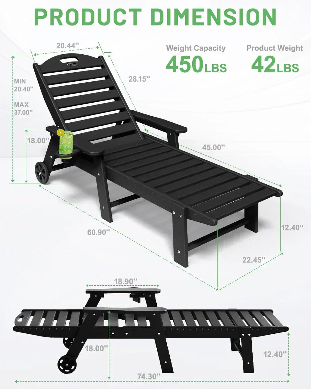Lounge Chair Outdoor Chaise Lounge HDPE 6-Position Outdoor Chaise Lounge Patio Lounge Chair wourant
