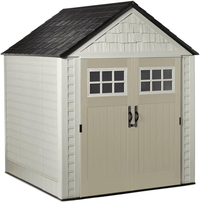 Rubbermaid Resin Outdoor Storage Shed With Floor (7 x 7 Ft) Weather Resistant Gray Organization for Home/Backyard/Garden Tools/Lawn Mower/Bike Storage/Pool Supplies wourant