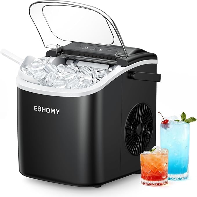 EUHOMY Countertop Ice Maker Machine with Handle, 26lbs in 24Hrs, 9 Ice Cubes Ready in 6 Mins, Auto-Cleaning Portable Ice Maker with Basket and Scoop, for Home/Kitchen/Camping/RV. (Black) woonhhop