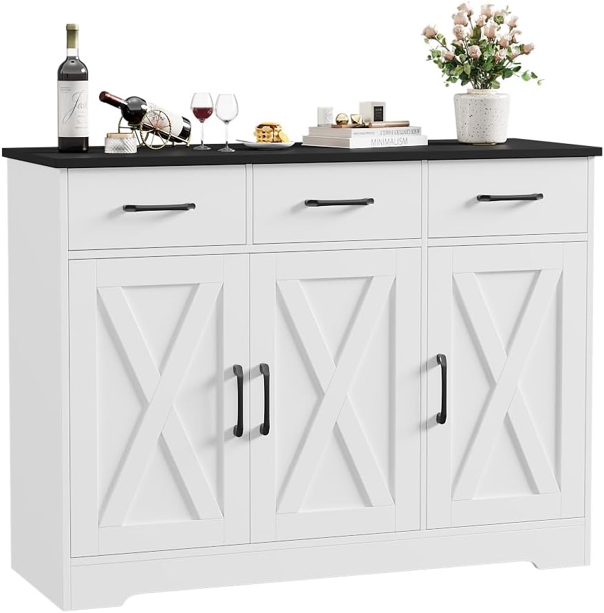 Modern farmhouse sideboard, barn door buffet storage cabinet with drawers and shelves, wooden coffee bar with storage wourant