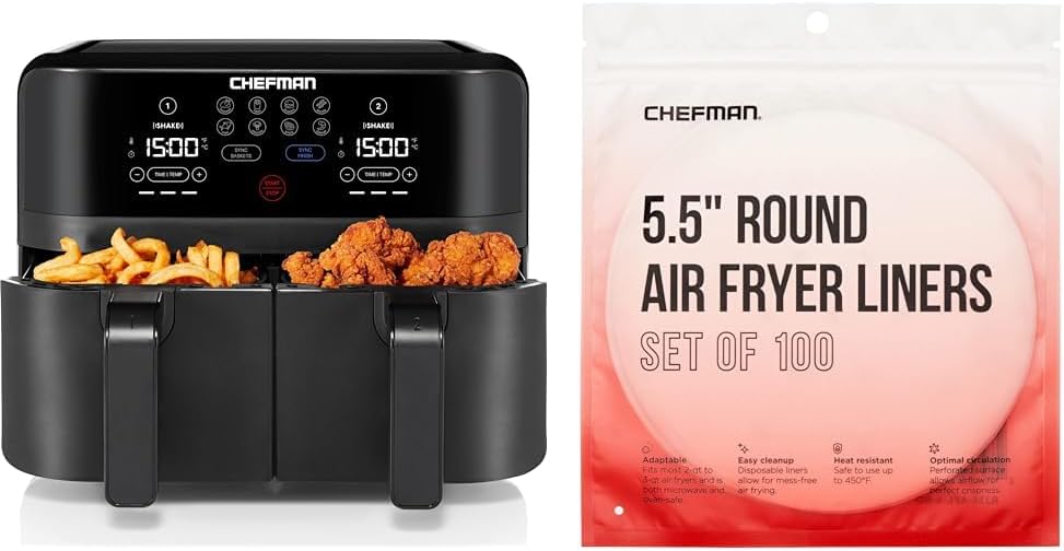 Chefman 6-Quart Dual Basket Air Fryer - Digital Touchscreen, Smart Sync Finish, High-Frying, Auto-Off, 2 Independent 3-Quart Nonstick Pans, Dishwasher-Safe Baskets wourant