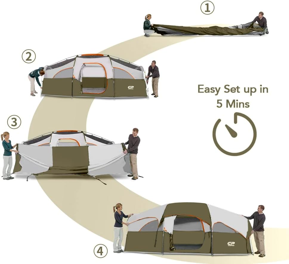 CAMPROS CP Tent 8 Person Camping Tents, Weather Resistant Family Tent, 5 Large Mesh Windows, Double Layer, Divided Curtain for Separated Room, Portable with Carry Bag wourant