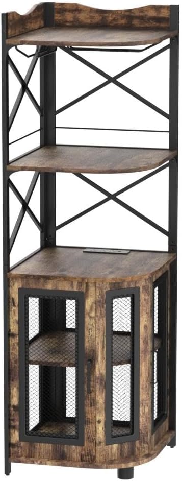 Aheaplus Corner Bar Cabinet with Power Outlet, Industrial Wine Cabinet with LED Strip and Glass Holder, 5-Tiers Liquor Cabinet Bar Unit for Home, Corner Display Cabinet for Small Space, White Oak wourant