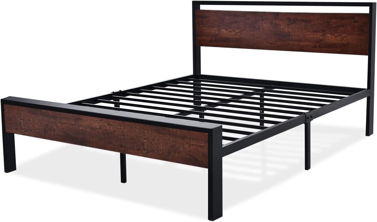SHA CERLIN 14 Inch Queen Size Metal Platform Bed Frame with Wooden Headboard and Footboard wourant