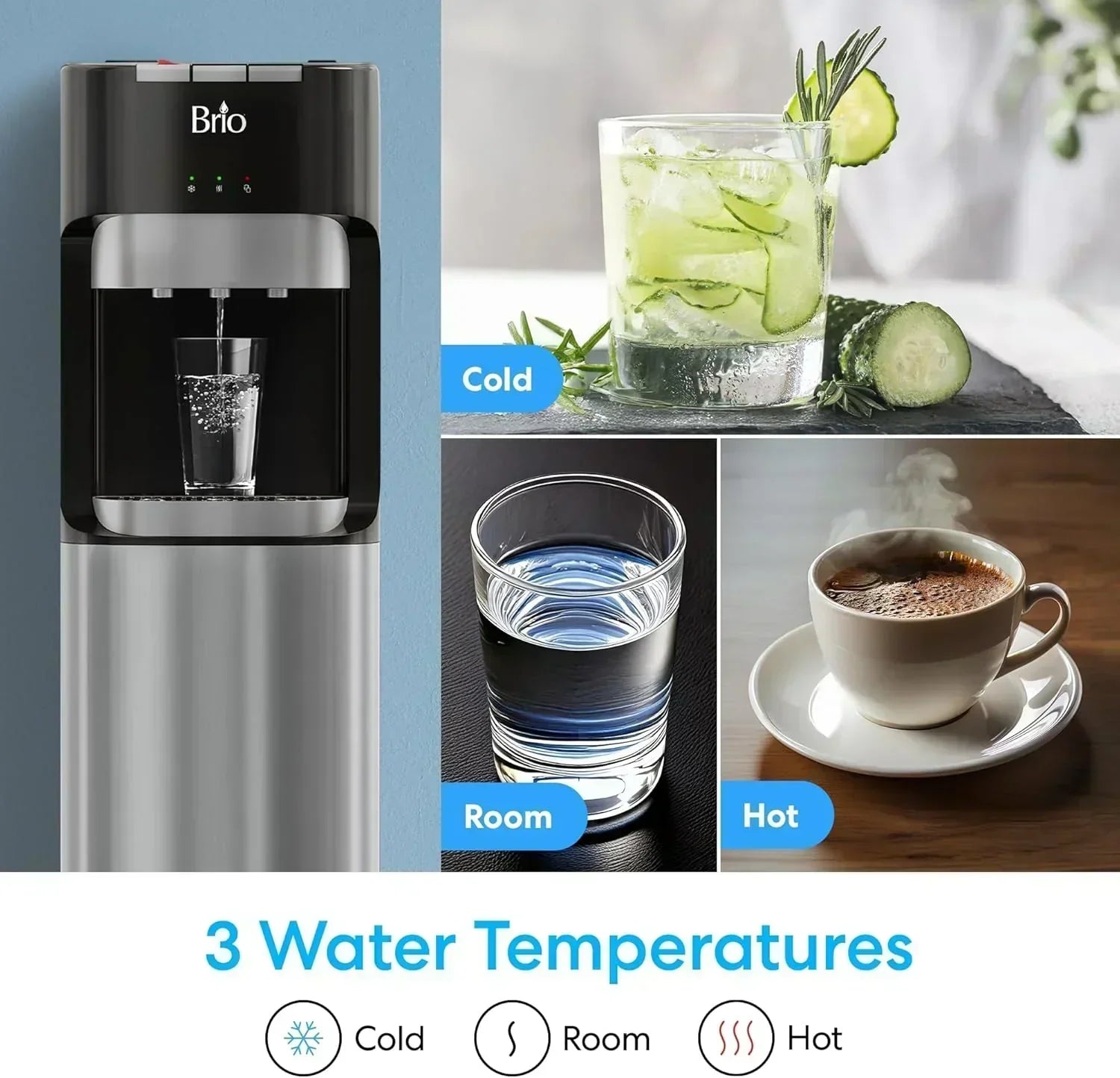 Bottom Loading Water Cooler Dispenser for 5 Gallon Bottles 3 Temperatures with Hot Room Cold Spouts wourant