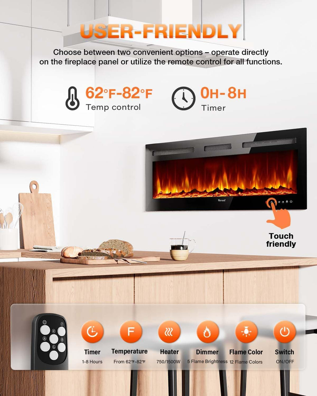 Electric Fireplace 60Inch Wall Mounted Electric Fireplace Heater with Timer Inserts TV Stand wourant