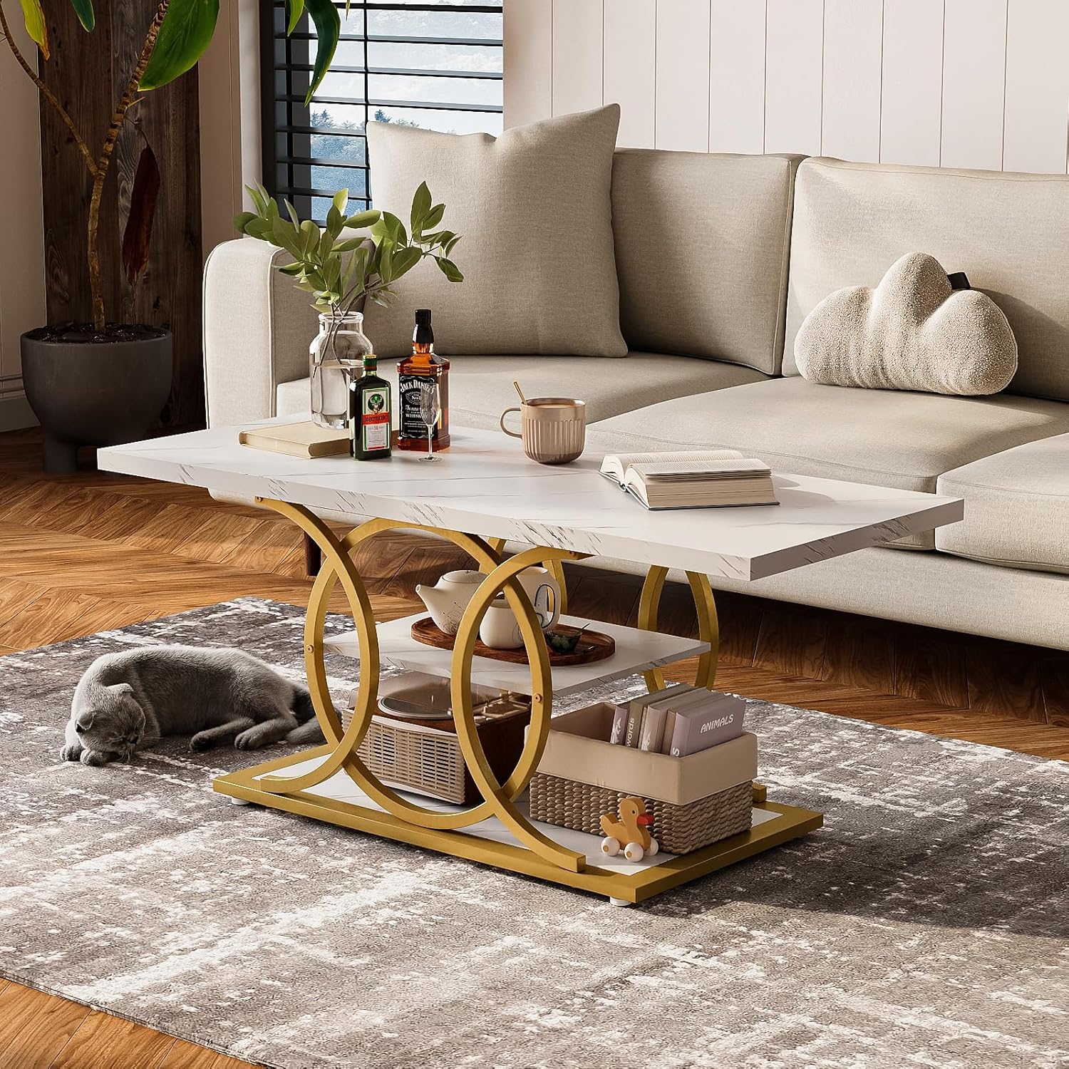 GiftGo Rustic Style Coffee Table Storage Industrial Style Three Tier Centerpiece Living Room Table wourant