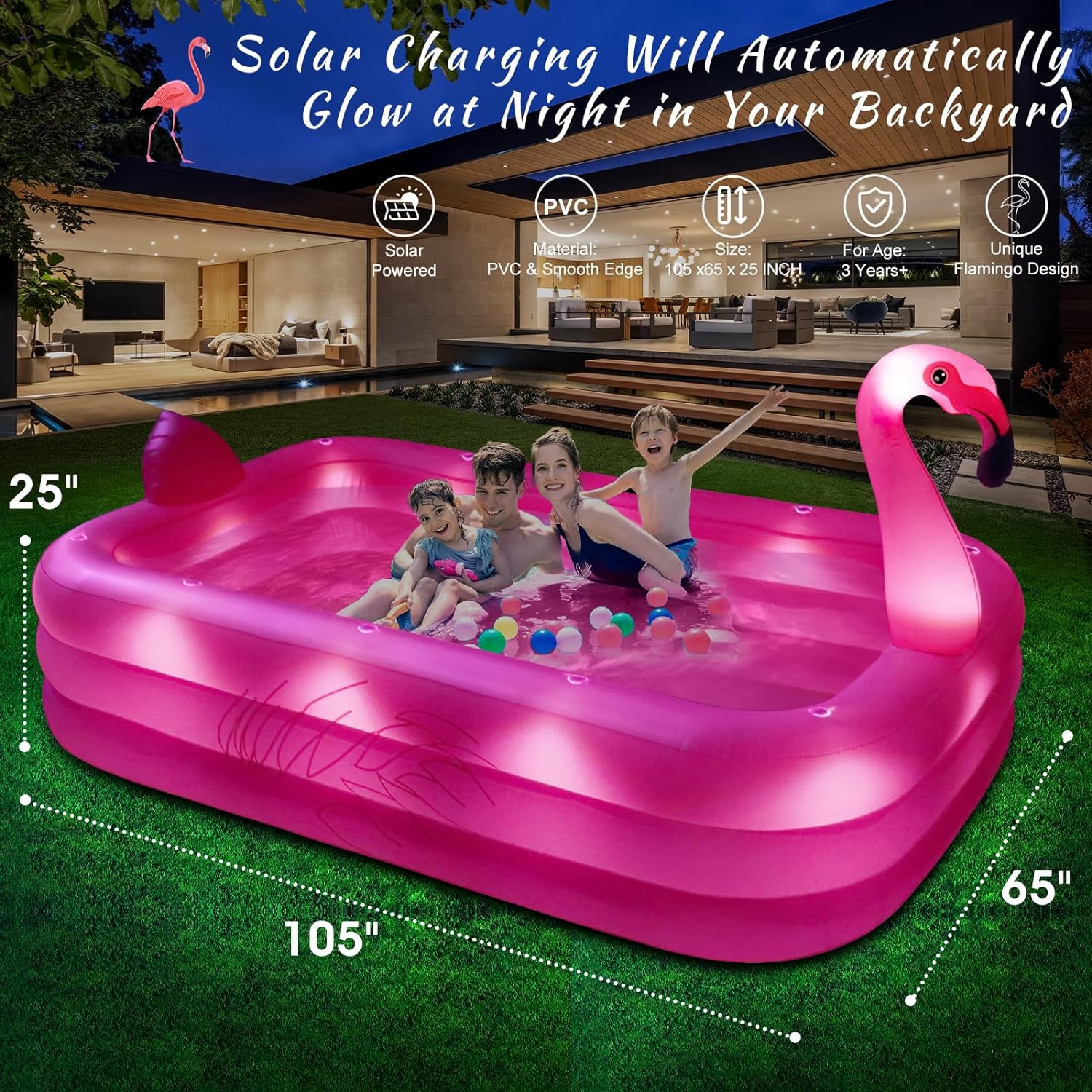 Inflatable Pool with Lights Solar Flamingo Swimming Pool for Kids Adults Inflatable Blow up Pool wourant