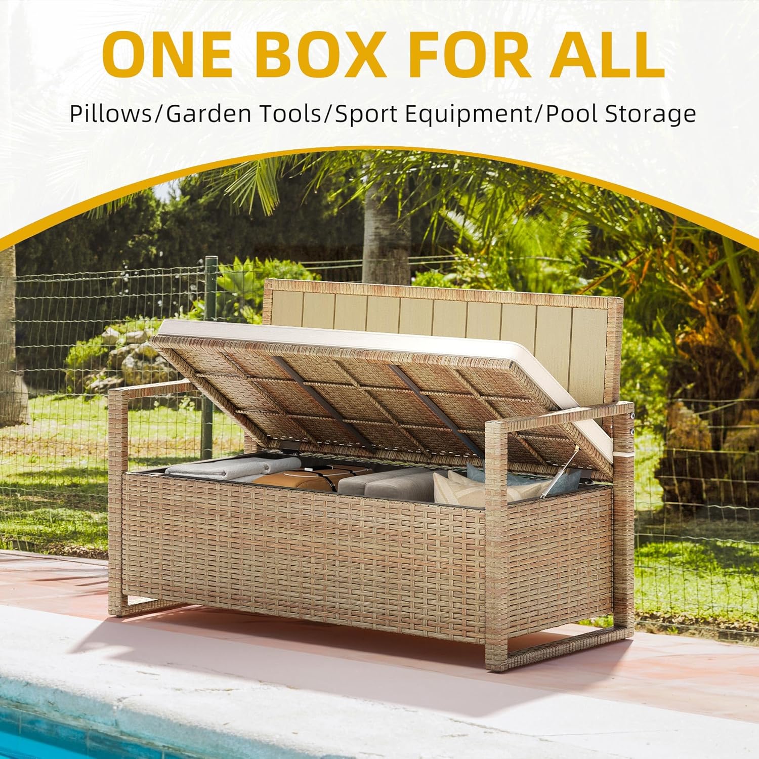 DWVO 70Gal Outdoor Storage Bench with Cushion Composite Wood Backrest Wicker Deck Bench wourant