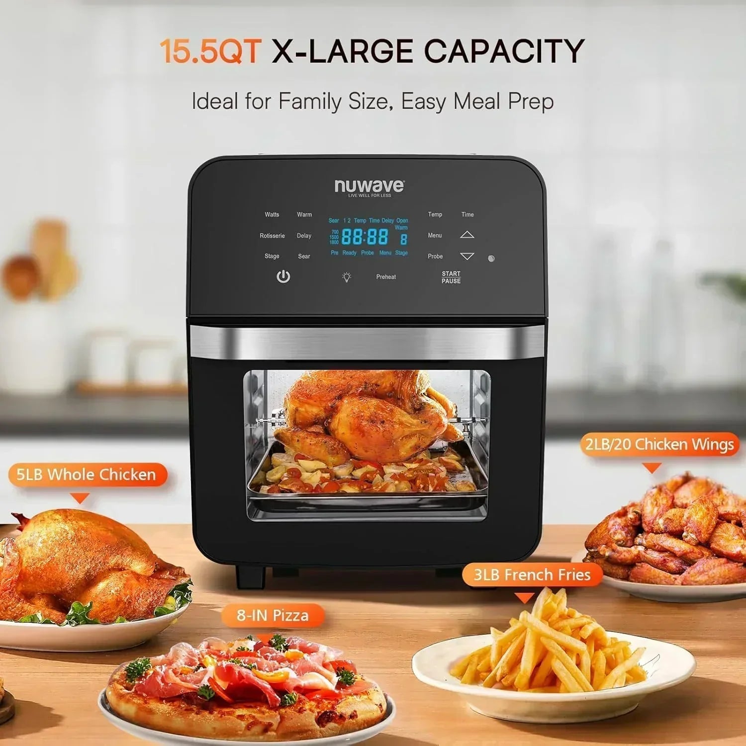 Nuwave Brio 15.5Qt Air Fryer Oven quickly reheats bakes and dehydrates food wourant
