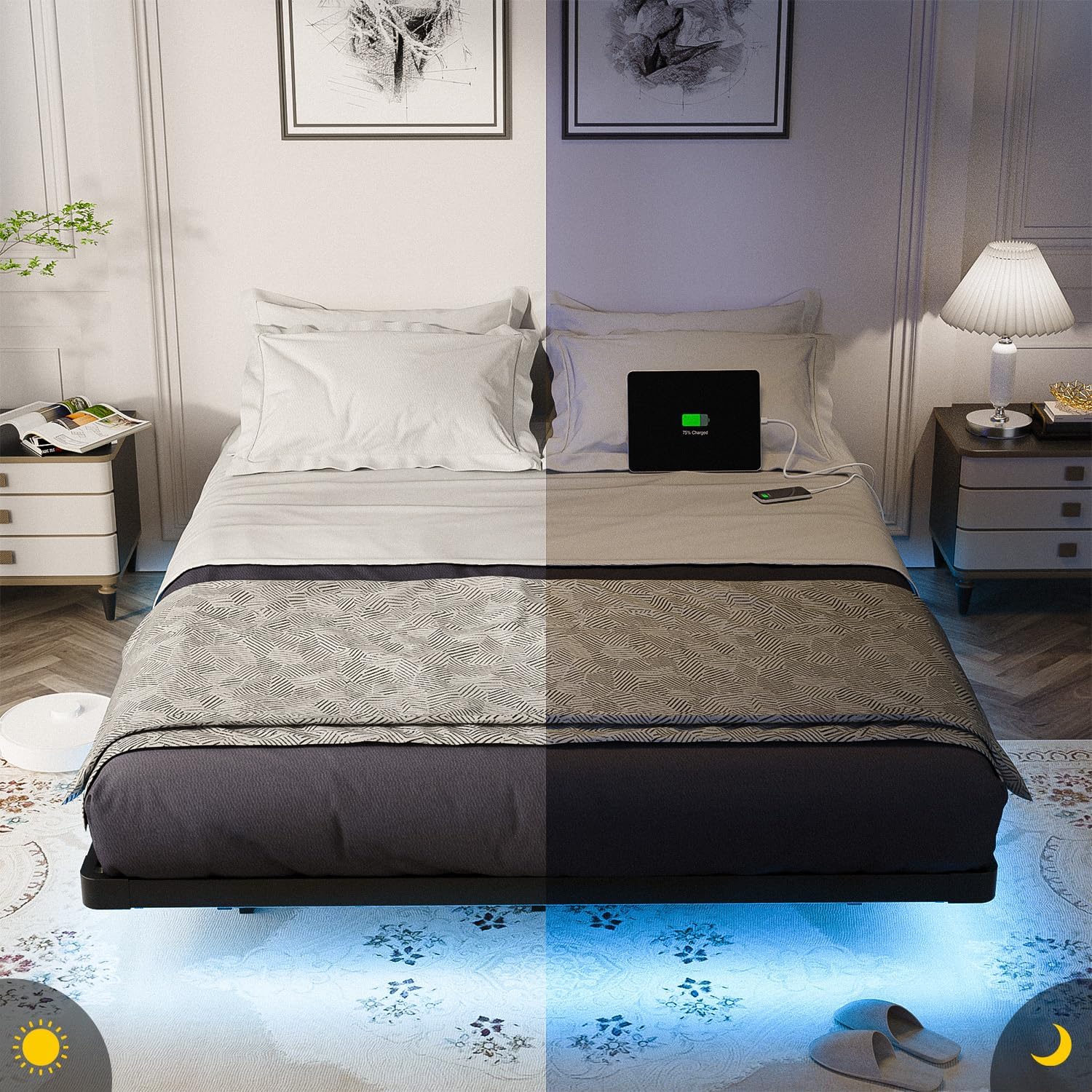 OLEVS Floating Bed Frame Queen Size with Smart LED Lights Modern Metal Platform Bed wourant