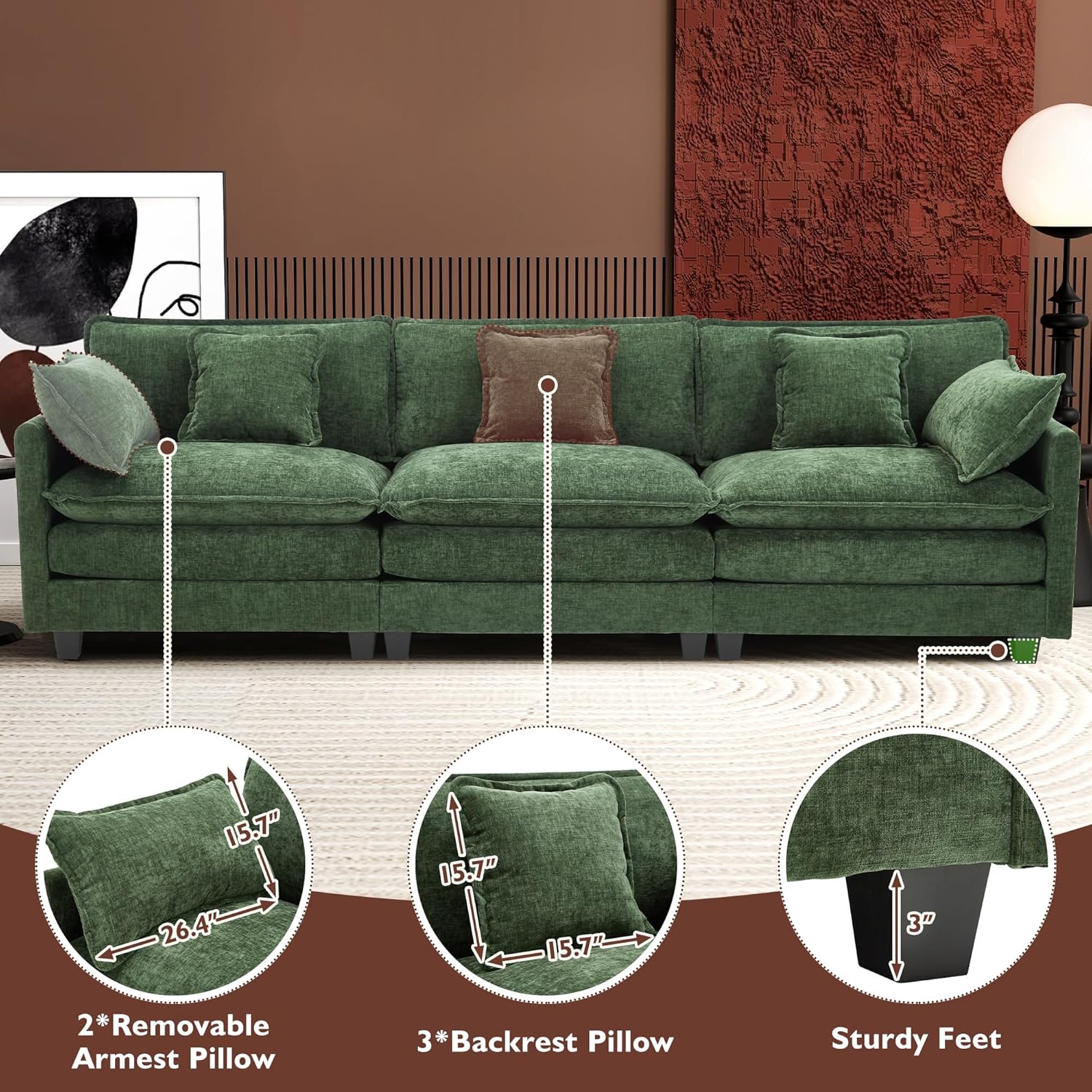 111.4 Inch L Shaped Modern Sofa Modular Cloud Sofa with Ottoman 4 Seater Chenille Deep Seat Sofa wourant