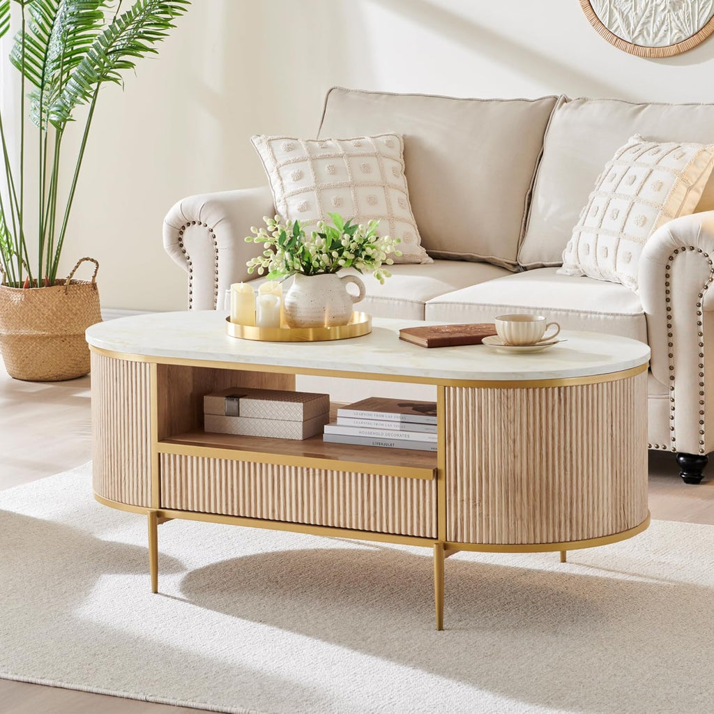 OKD Modern Luxury Grooved Coffee Table 48 Inch Oval Coffee Table Drawers Imitation Marble Top wourant